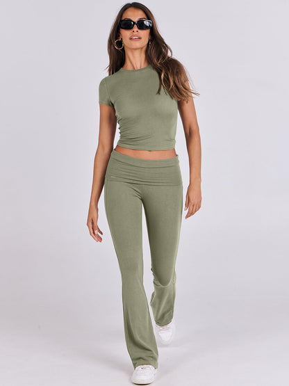 ANRABESS Lounge Sets for Women 2 Piece Foldover Yoga Flare Leggings Pants Crop Tops Casual Y2K Outfits Matching Tracksuit Set Olive Small
