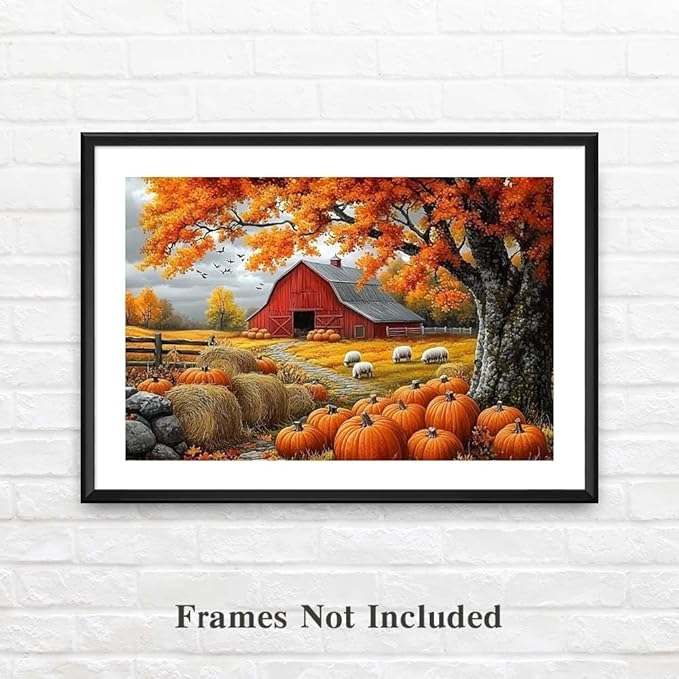 Yesad Fall Scenery Canvas Wall Art, Thanksgiving Pumpkin Autumn Landscape Poster, Autumn Farmhouse Wall Art Pumpkin Canvas Painting Picture Home Wall Décor (Unframed, 36”x24”, Fall Art1)