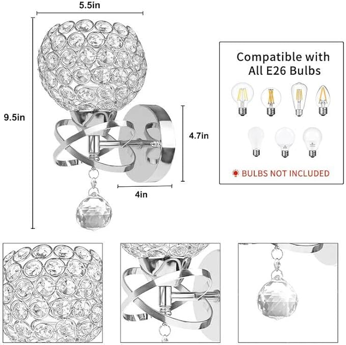 TISLYCO Silver Crystal Sconces - Modern Wall Lighting with Hanging Crystal Ball, Wall Mount Lamp for Bedroom, Living Room, Hallway