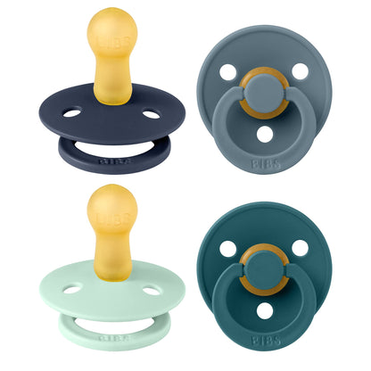 BIBS Dummies Colour 4-Pack, BPA Free Dummy Pacifier, Round Nipple Soothers, Natural Rubber Latex, Made in Denmark. 6-18 Months (Pack of 4), Baby Boy Colours