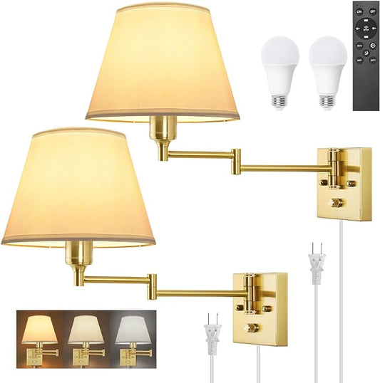 TRLIFE Dimmable Wall Sconce, Remote Control Dimming 10-100% and Adjustable Color Temperature 2700K-6500K Brushed Brass Swing Arm Wall Lights with Plug in Cord, 9.4" Medium White Shade(2 Pack, 2 Bulbs)