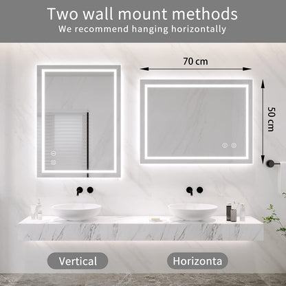 Dripex Bathroom Mirror with LED Lights, 500 * 700 MM Illuminated Backlit Wall Mounted Vanity Mirror Dimmable Switch 3 Colors and Demister Pad, Horizontal/Vertical
