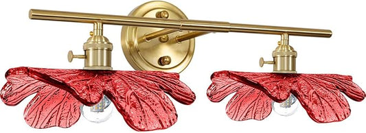 2 light bathroom Lighting Fixture vintage vanity light with Red Flower Glass Shade mid century wall light art deco Bathroom vanity Lights Over Mirror gold brass wall sconce for Hallway Living Room