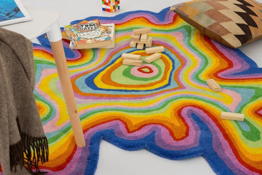WovenRug Wonders Irregular Shaped Throw Rug Illusion Pattern | Handmade 100% Wool Modern Colourful Stripe Hand-Tufted Area Rugs (7x7 Feet)