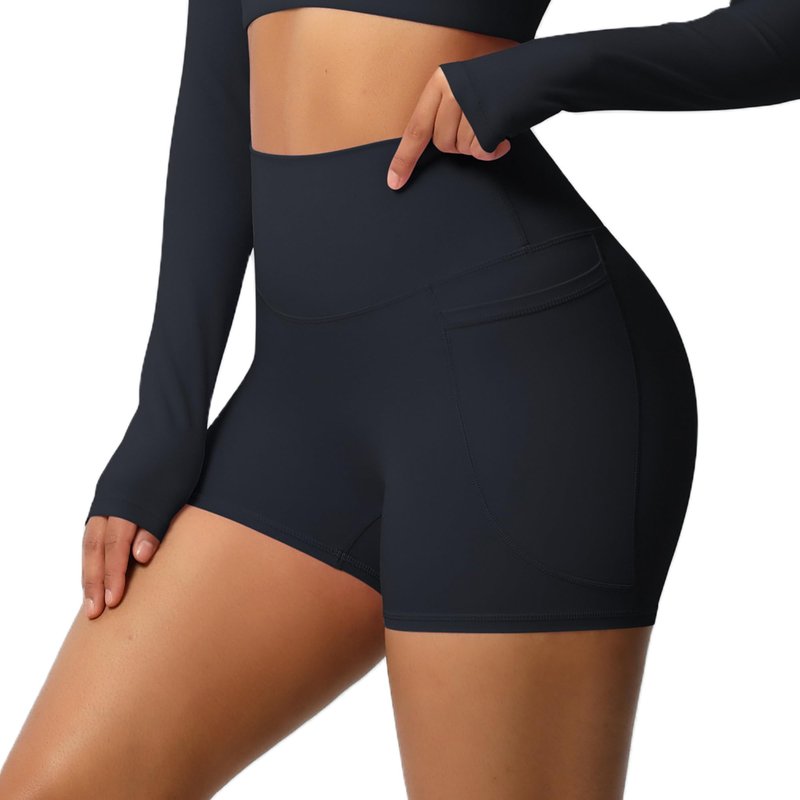 JUNMAO Women's High Waisted Yoga Shorts with Pockets - Buttery Soft Tummy Control Leggings, Breathable & Durable for Workout Black