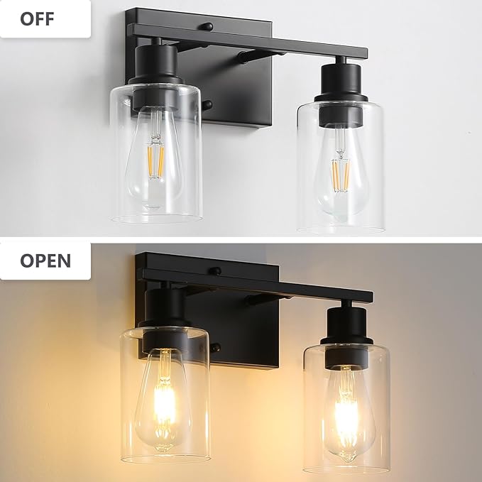 2-Lights Wall Lighting Matte Black Bathroom Vanity Light Fixtures,Vintage E26 Base Sconces with Clear Glass Shades, Farmhouse Modern Wall Lamp for Hallway,Bedroom,Living Room