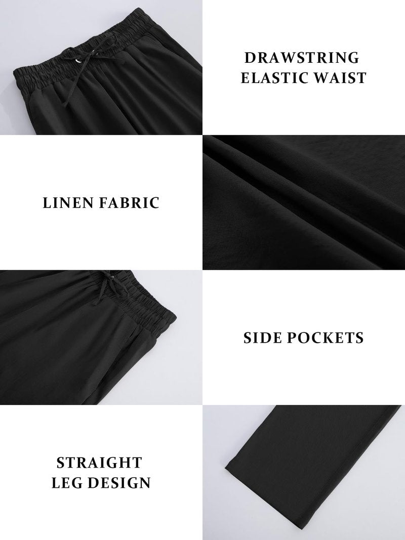 JEKAOYI Womens High Waist Casual Pants Drawstring Straight Leg Vacation Comfy Lounge Pocket Linen Trousers Black
