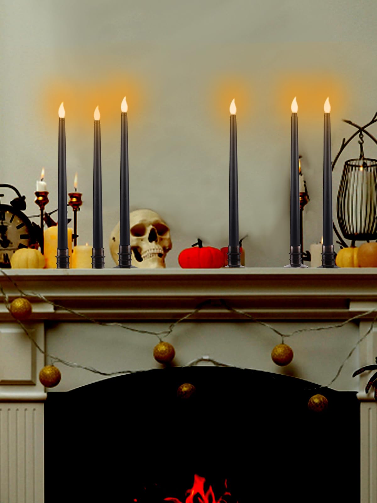Alphatool 6 Packs Halloween Black LED Flameless Candles with Bases - Flicker Flame, Tall Taper Smokeless Dripless Candles, Decor for Fireplace Diningtable Bar School