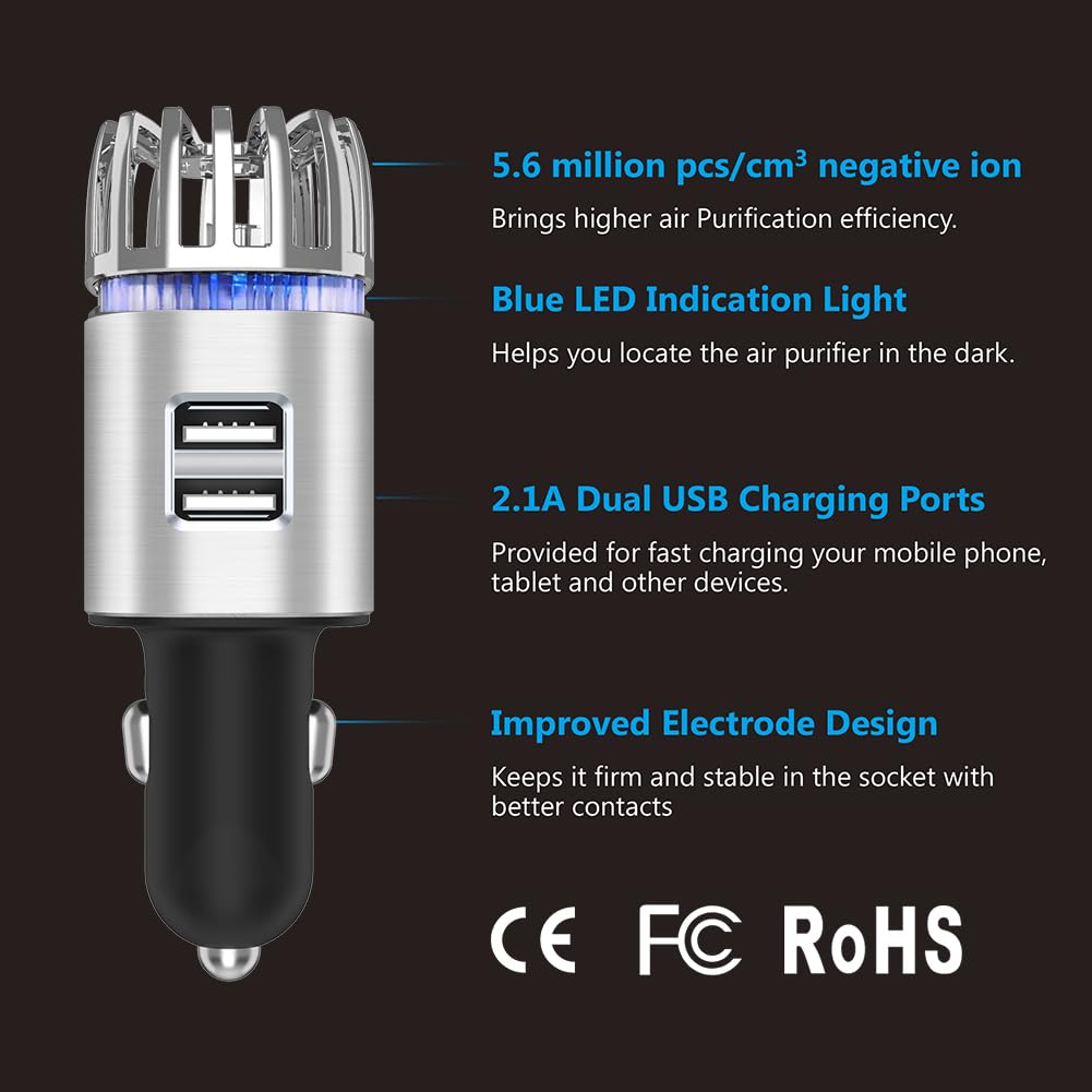 Car Air Purifier Ionizer, 12V Plug-in Car Air Freshener Gadgets with Dual USB Charger Removes Cigarette Smoke, Pet and Food Odor, Ionic Ozone (Silver)