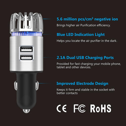 Car Air Purifier Ionizer, 12V Plug-in Car Air Freshener Gadgets with Dual USB Charger Removes Cigarette Smoke, Pet and Food Odor, Ionic Ozone (Silver)
