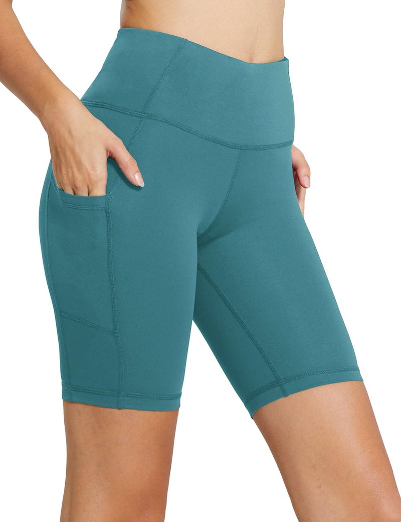 baleaf Biker Shorts Women Yoga Gym Workout Spandex Running Volleyball Tummy Control Compression with Pockets 8" Green L