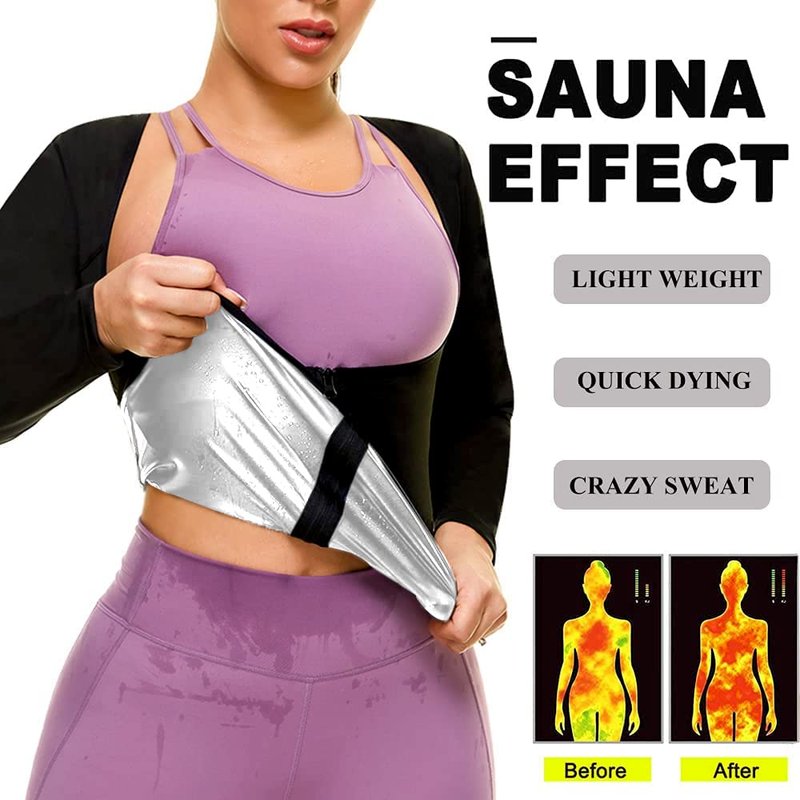 Sauna Suit for Women Sweat Body Shaper Jacket Hot Waist Trainer Long Sleeve Zipper Shirt Workout Top (Silver, Small)