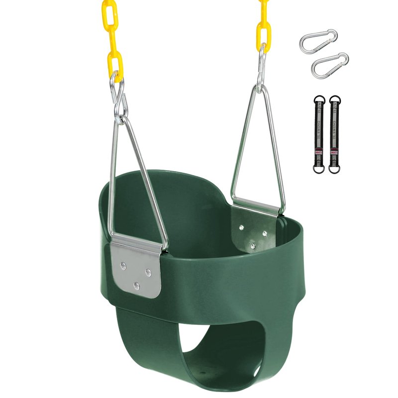 Toddler Swing Seat with Coated Chains, Heavy Duty Kids High Back Bucket Swings with Tree Straps and Hooks for Outdoor, Playground, Backyard, Swing Set Accessories by Domaker, Green
