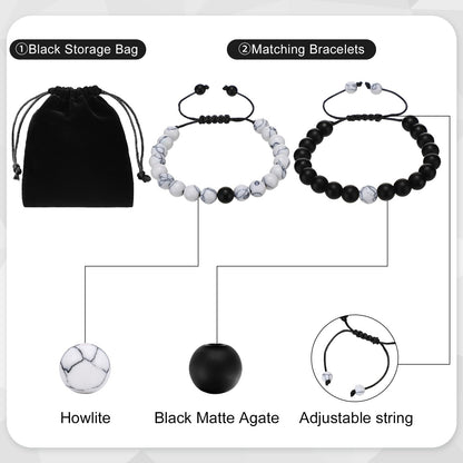 BBTO Couples Bracelets Long Distance Matching Bracelets 8mm Howlite Beads Black Matte Agate for Couples His and Her Gifts(Classic Style)