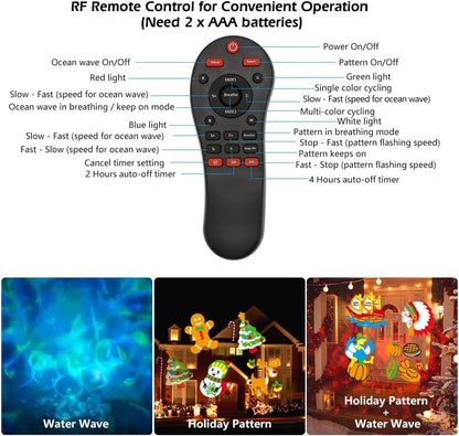 Halloween Slide Show Outdoor Holiday Projector, 2 in 1 Water Wave Outside Projector Lights Christmas with Dynamic 16 HD Patterns for House, Garden, Yard, Xmas, New Year, Thanksgiving Day