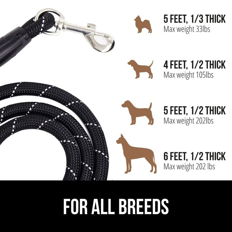 GORILLA GRIP Dog Leash, Heavy Duty Reflective Rope Leashes for 33lb Dogs, Cats, Small Animals, Puppy Training Essential for Walks, Hikes, Soft Handle, Rotating Metal Clip, Waste Bag Dispenser, Black