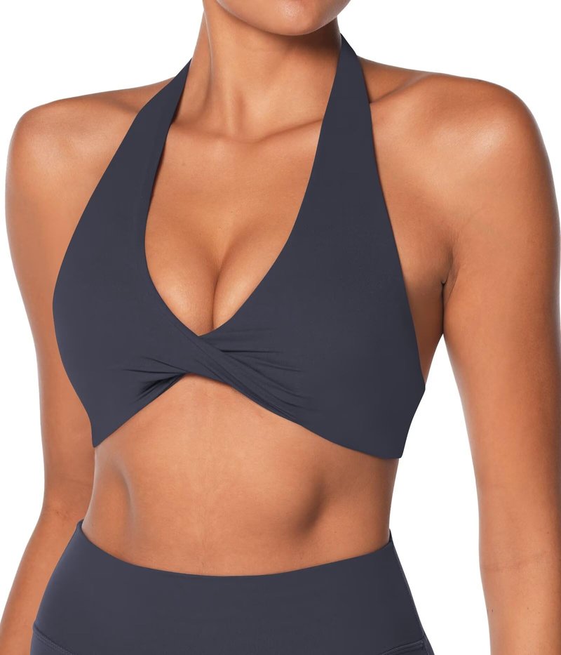 Sunzel Women's Halter Neck Sports Bra, Twist Front Yoga Crop Top with Removable Pads, Double Lined for Gym Workout or Lounge Ash Blue Small