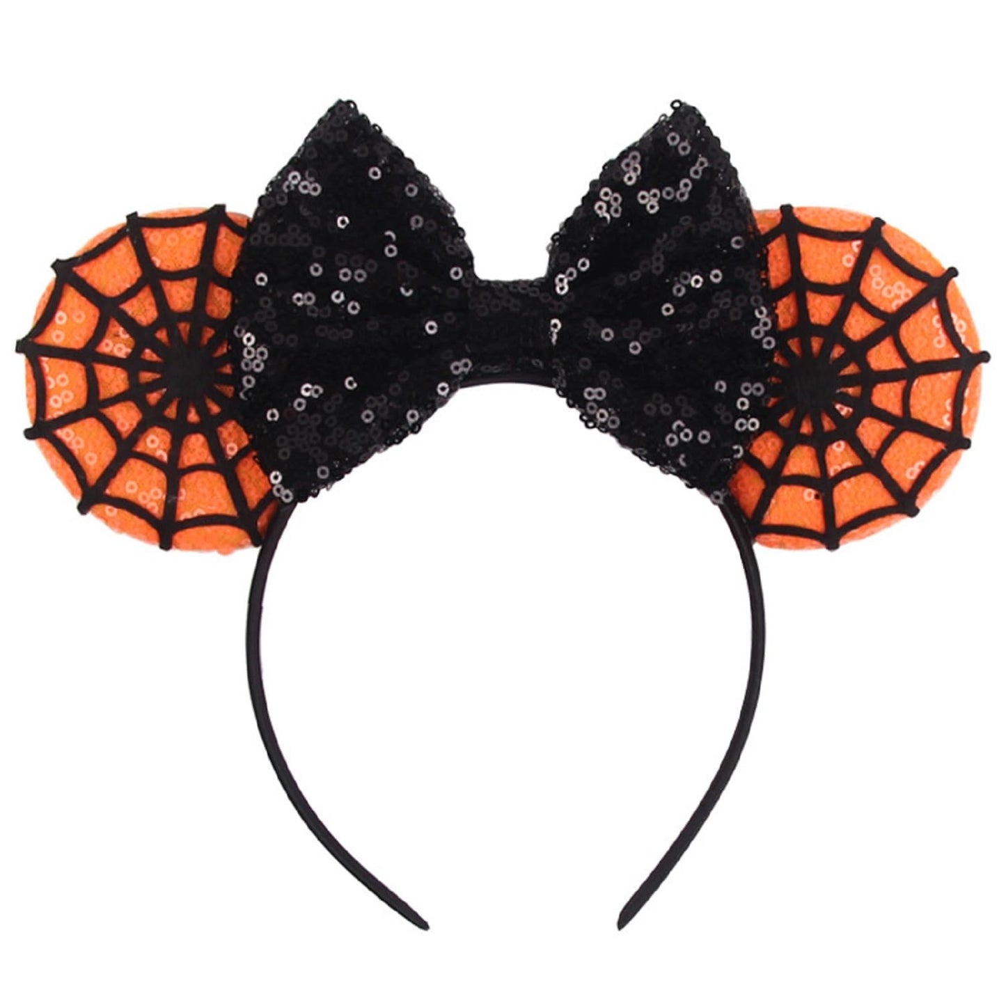 LSHDXD Halloween & Christmas Hairband, Hand-made Headband with Adjustable Mouse Ears, Glitter Sequin Spider Web Design, Unique Gift for Women, Unisex Adults (Black, 1 Count Pack of 1)
