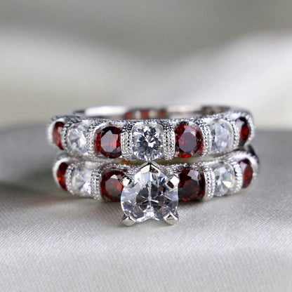 LOVERSRING Two Rings His and Hers Wedding Ring Sets Couples Rings White Gold Plated Stainless Steel Wedding Engagement Ring Bridal Sets Men's Tungsten Carbide Band