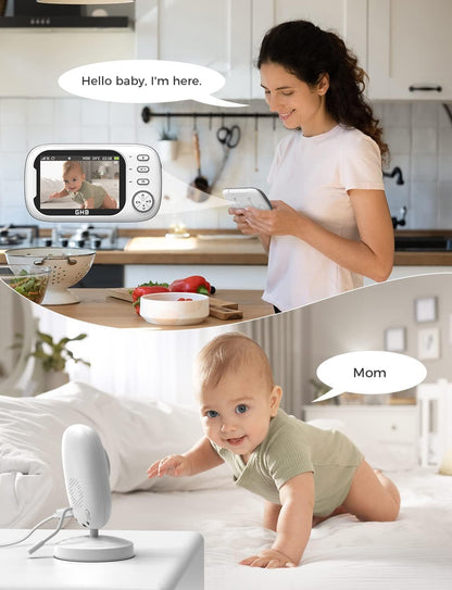 GHB Baby Monitor with Camera and Night Vision, 3.5-inch Video Monitor, VOX Mode, 2-Way Talk, 8 Lullabies, Temperature Alert, Feeding Reminder