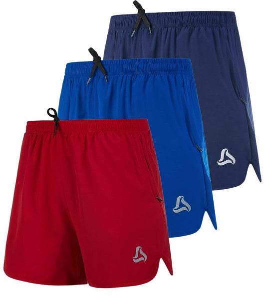 SILKWORLD Men's Workout Stretch Quick Dry Running Shorts with Zipper Pockets(Pack of 3), Steelblue, Blue, Red (Pack of 3), Large