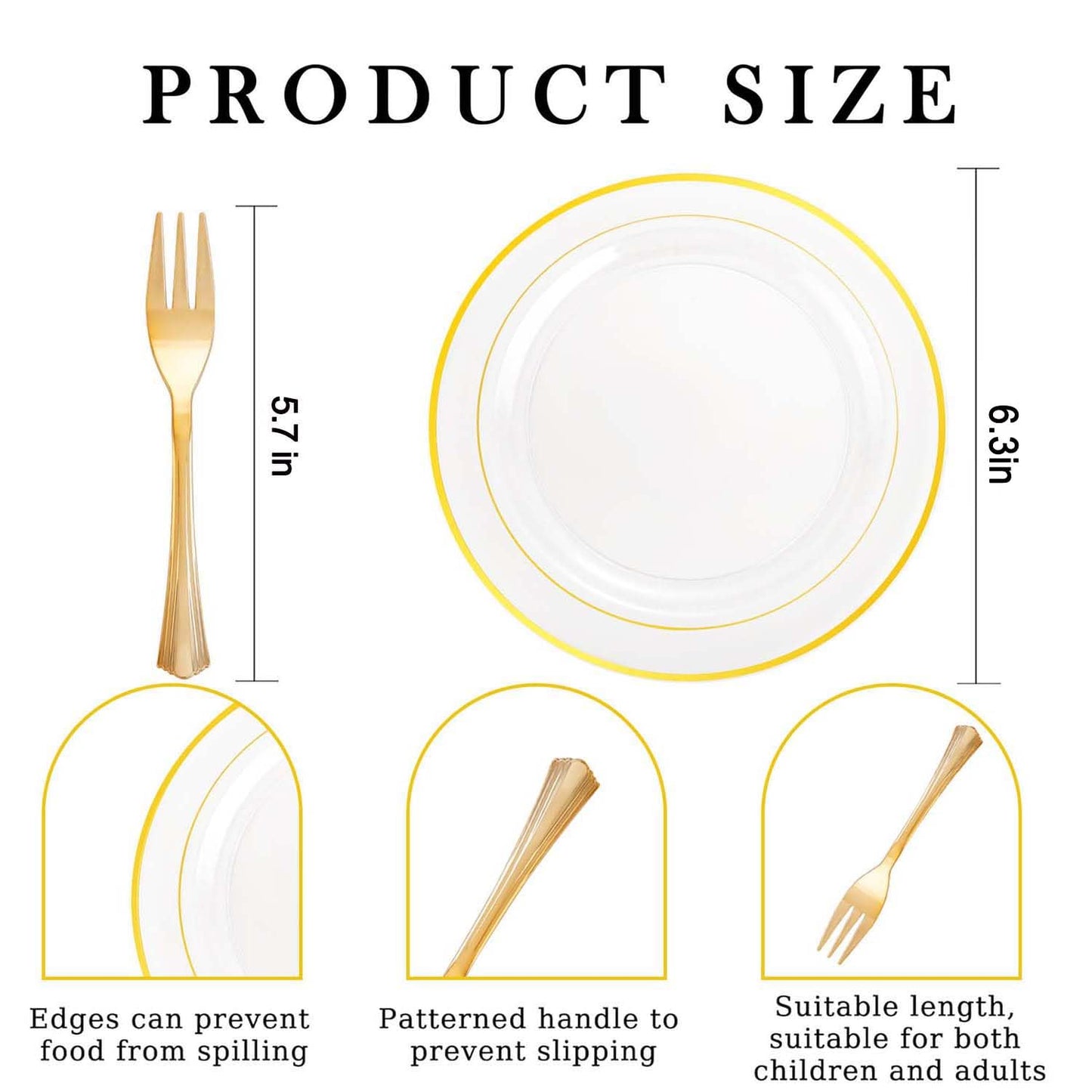 DaYammi 240Pcs Appetizer Plates Include 120Pcs Gold Dessert Plates 6.3inch with 120Pcs Gold Plastic Forks 5.7inch,Clear gold plates Disposable Salad Plate for Party Cake Plate for Wedding