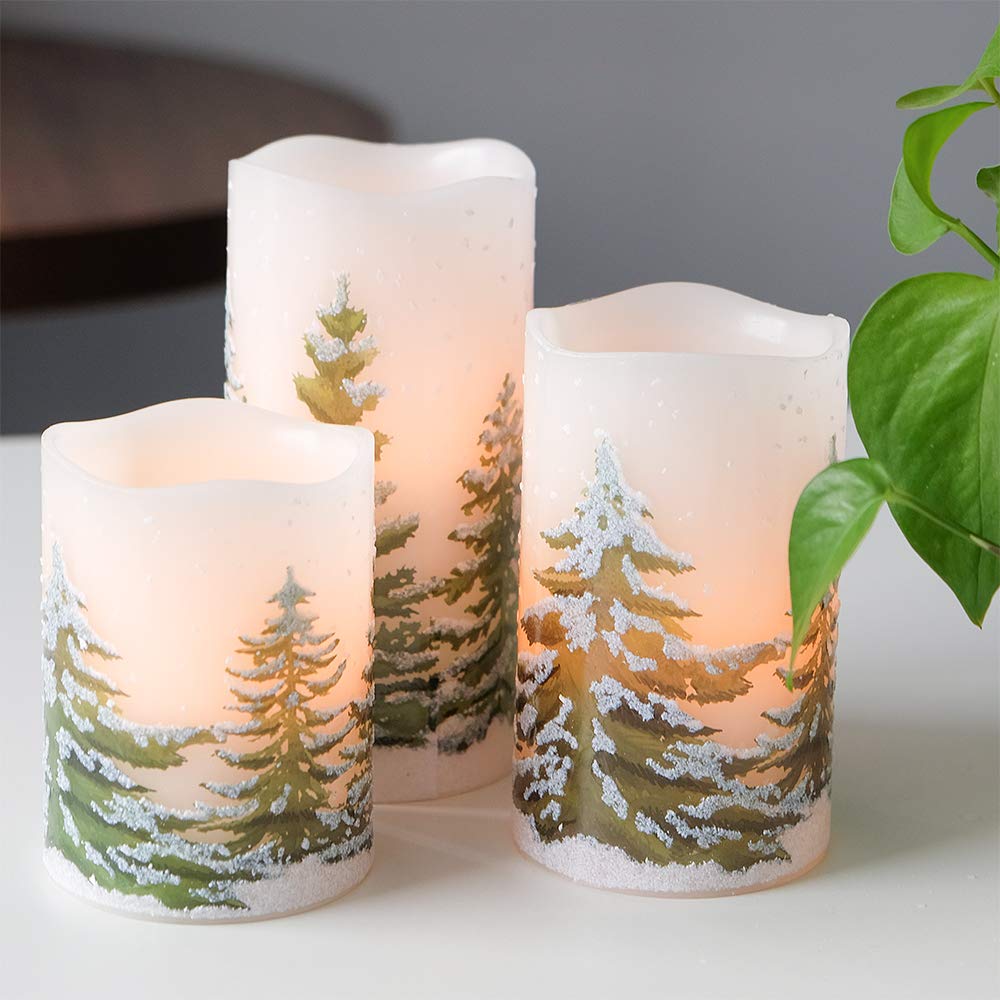 DRomance Christmas Flameless Candles with 6 Hour Timer, 3 Pack Real Wax LED Pillar Candles Warm Light Flickering Holiday Decor(Green Christmas Tree, 3 x 4,5,6 Inches)