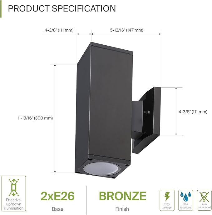 ASD 2 Light Square Outdoor Wall Light Fixture | 120W E26 Socket 120V ETL Cylinder Up Down Lights | LED/CFL/Incandescent Bulb Exterior Wall Sconce | Front Door, Porch, Patio | Bronze