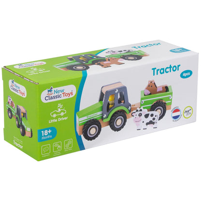 New Classic Toys - Houten speelgoed - Houten tractor met aanhanger, Green
