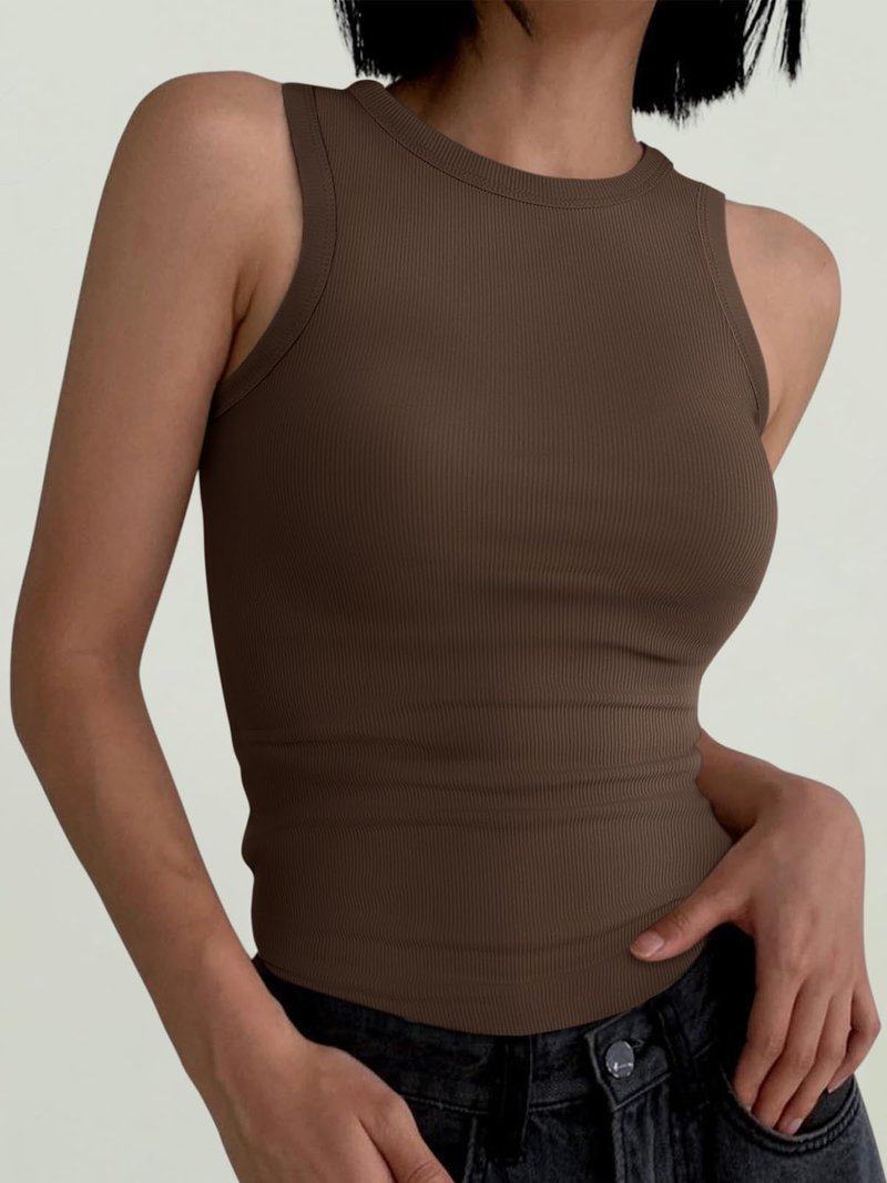 ANRABESS Womens Sleeveless High Neck Tank Tops Fashion Summer Casual Basic Slim Fit Ribbed Racerback Top Shirt Clothes Brown-S