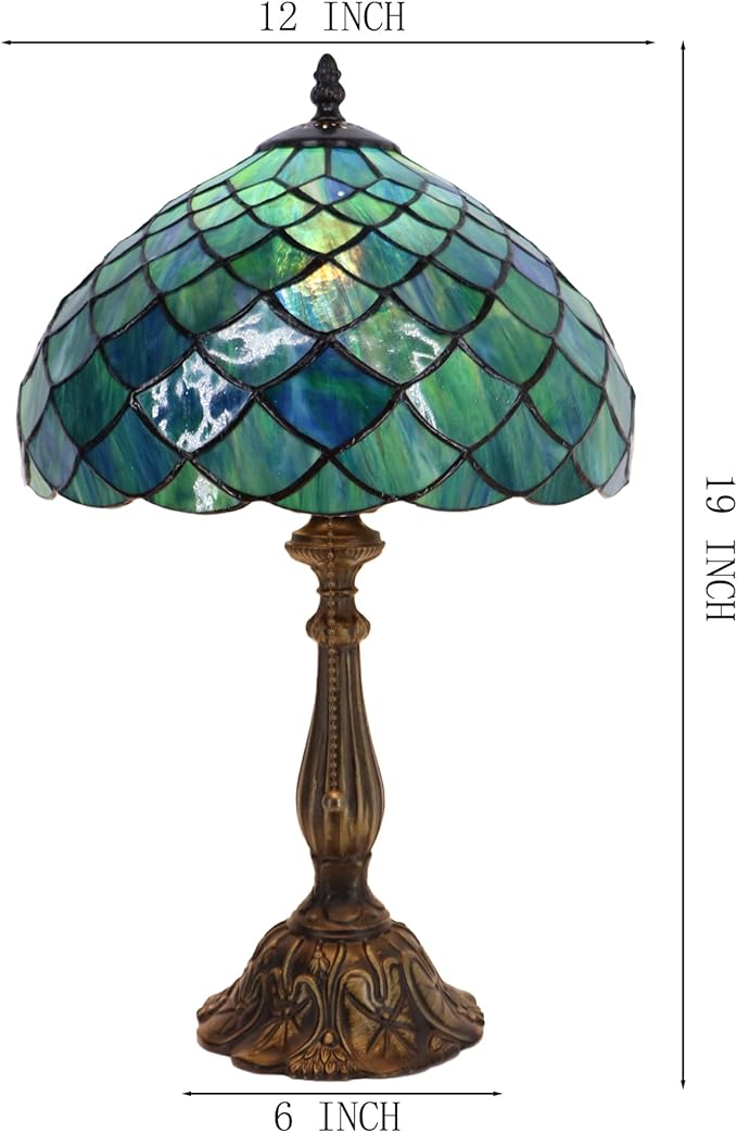 Tiffany Lamp Stained Glass Table Lamp Bedside Reading Light W12H19 Inches (Fishscale Style)