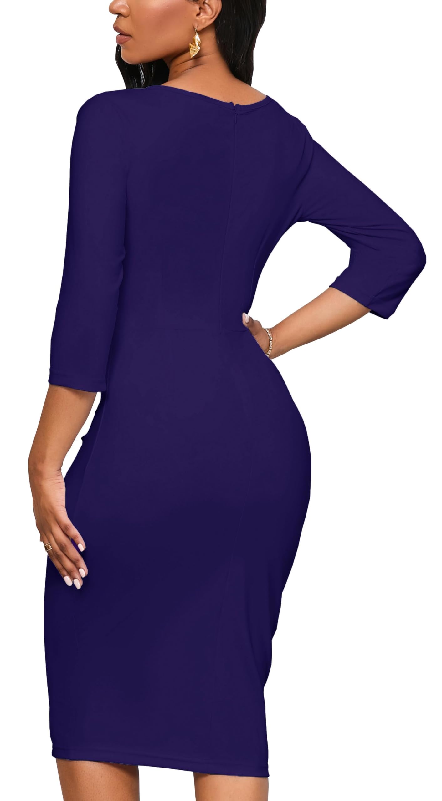 Purple Dress Women Summer Party 3/4 Sleeve Ruffle Peplum Work Midi Pencil Dress(Purple Large)