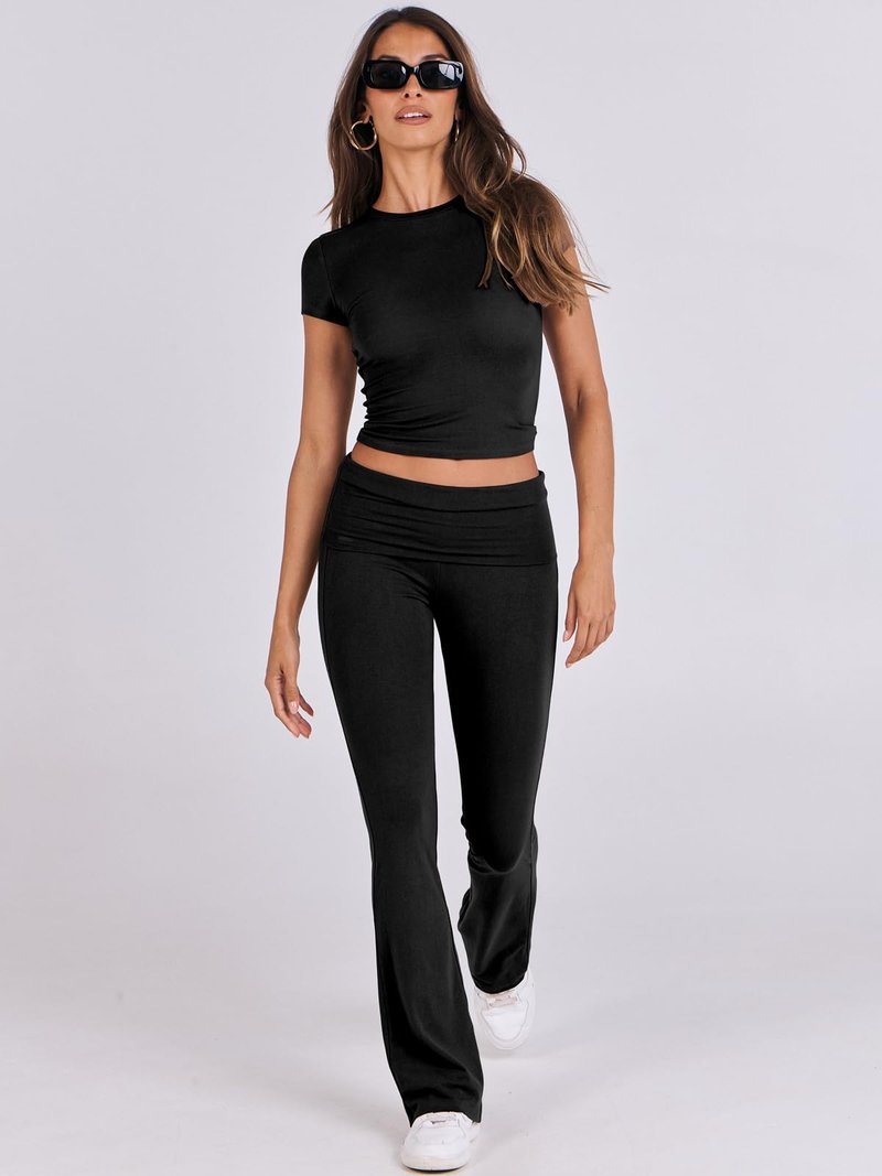ANRABESS Lounge Sets for Women 2 Piece Foldover Yoga Flare Leggings Pants Crop Tops Casual Y2K Outfits Matching Tracksuit Set Black Medium
