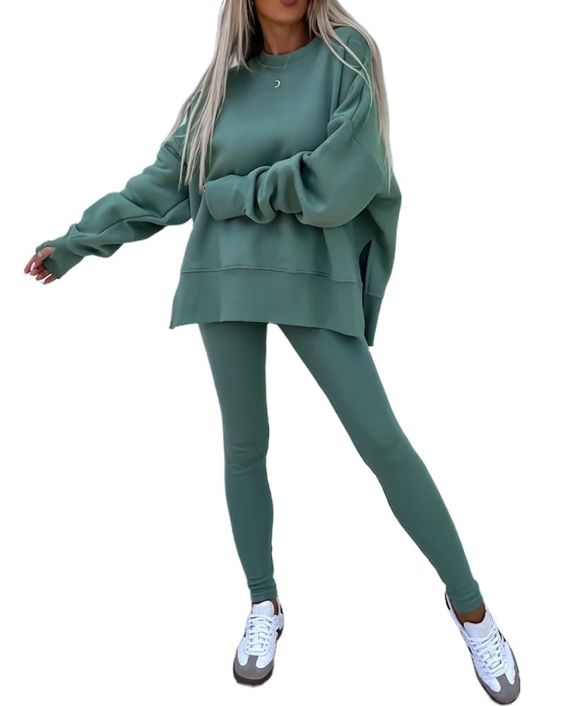 Adogirl Sweatsuit for Women Casual Two Piece Outfits Oversized Pullover Sweatshirts with Thumb Hole Slit Ribbed Pants Green M