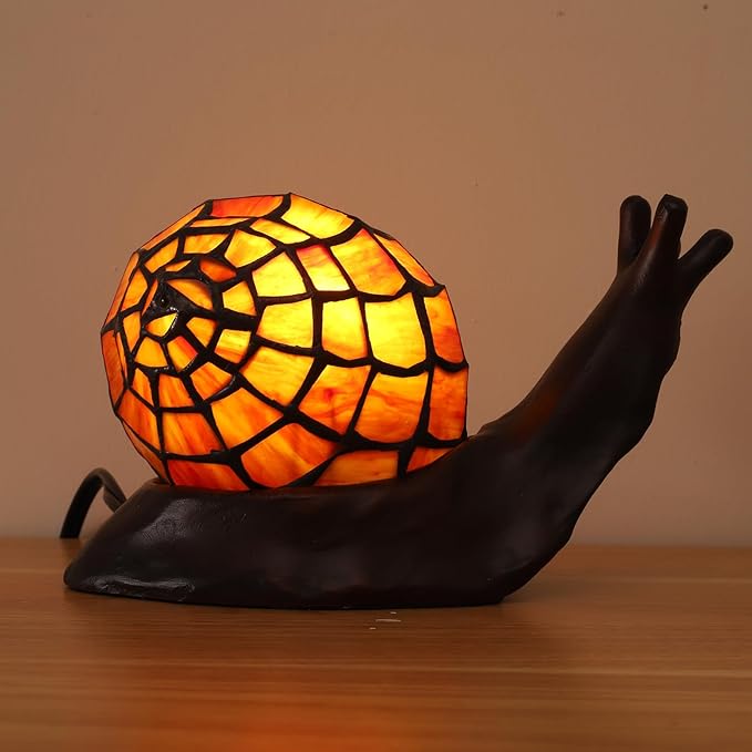 Tiffany Style Red-Brown Snail Accent Table Lamp Handmade Stained Glass Shade Night Light for Kids with 3 Color Temperatures LED Bulb Ideal Gift for Home Decor (8" D x 5" W x 5" H)