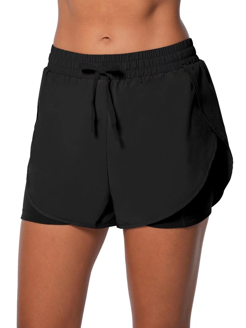 Sunzel 2 in 1 High Waist Running Shorts for Women Quick Dry Elastic Athletic Shorts with Pocket and Drawstring Workout Summer Black Medium