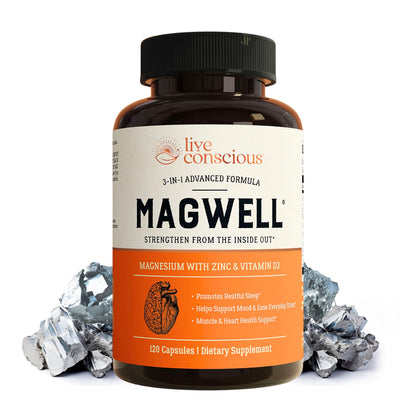 Live Conscious MagWell Magnesium Supplement with Zinc & D3 - Complex with Bisglycinate, Citrate, Malate - High Strength for Sleep - 120 Capsules