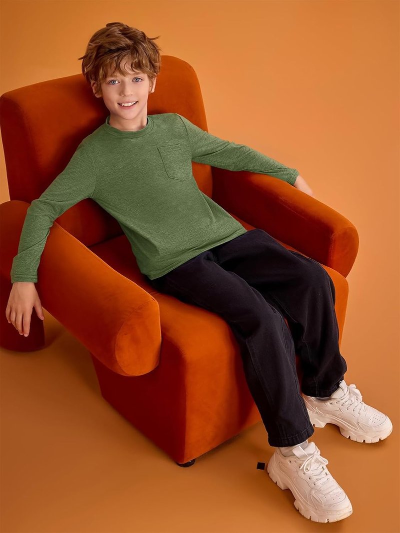 Boys Long Sleeve Crewneck Shirts - Casual Tees with Chest Pocket | Ages 5-14