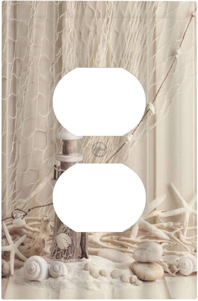 Nautical Coastal 1 Gang Single Duplex Light Switch Plate Outlet Cover Seashell Fishing Net Ocean Lighthouse Starfish Decorative Wall Plate Switchplate Electrical Faceplate Beach Theme Decor