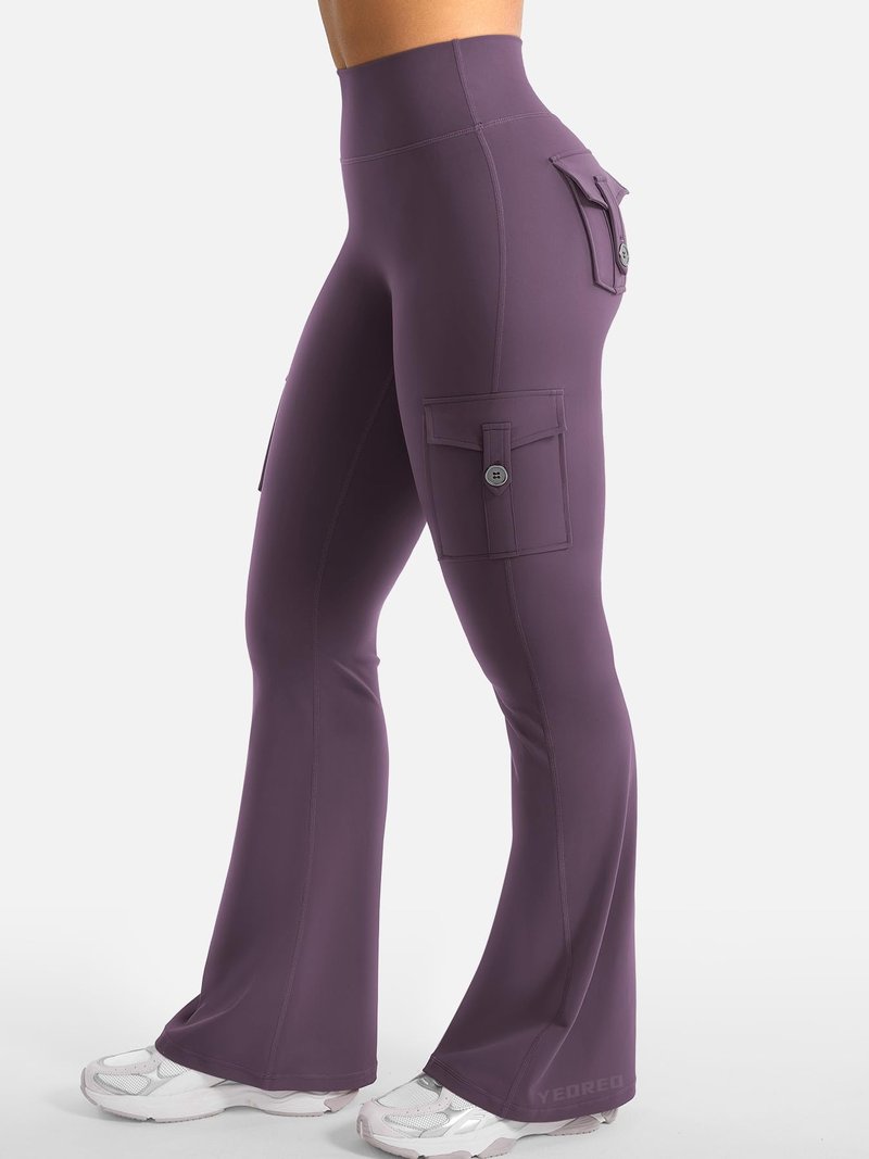 YEOREO CoreFlex Women Workout Flare Leggings with Pockets Hidden Scrunch High Waisted Cargo Gym Yoga Leggings Dark Berry XS
