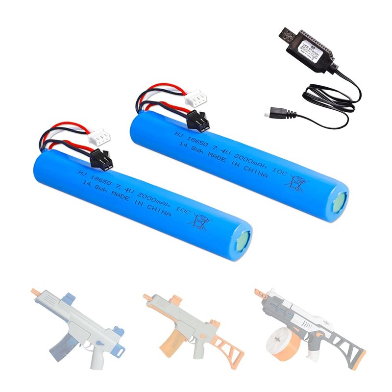 RunCam 7.4V 2000mAh Battery for Splatter Ball Gun Gel Bead Blaster Airsoft: 2 Pack Rechargeable Replacement Batteries with USB Charging Cable SM2P Plug Compatible with Splatrball SRB1200 400 400-SUB