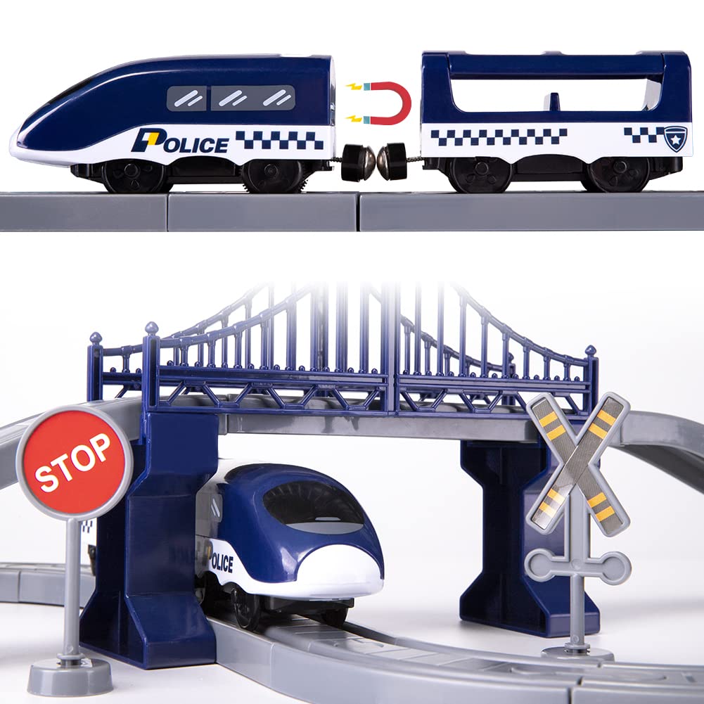 XIAPIA Railway Learning Educational Toys, Train Sets for Kids Boys Girls Age 3 Years Up, 66 Pcs Electric Track Accessories Car Set Christmas Xmas New Year Gifts (blue police)