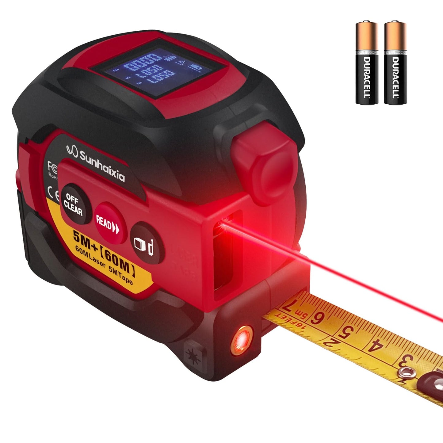 Laser Tape Measure 3 in 1 with Laser Level Crosshairs |196ft/60m Laser Distance+16ft/5m AutoLock Tape |Backlit LCD Display (Ft/Inch/M/mm) |for DIY,Construction, Interior Design (Red)