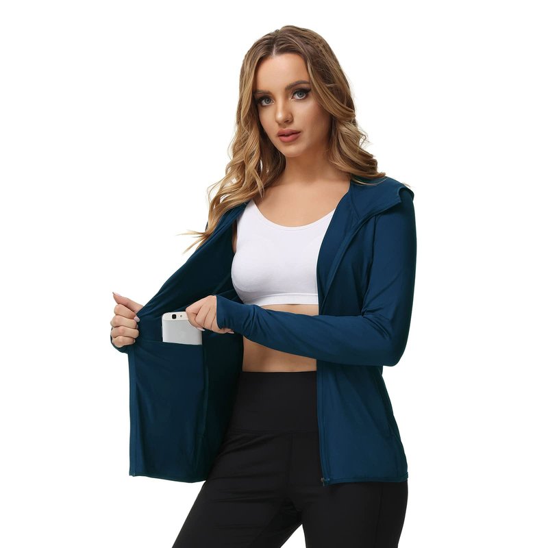 TIHEEN Women's Athletic Jackets Lightweight UV Protection Shirts Full Zip Workout Jacket UPF 50+ Long Sleeve Sun Shirt Navy Blue,S
