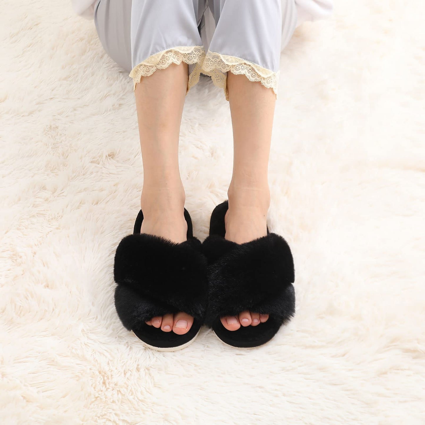 Evshine Women's Fuzzy Slippers Cross Band Memory Foam House Slippers Open Toe, Black, 36-37 (Size 5-6.5)