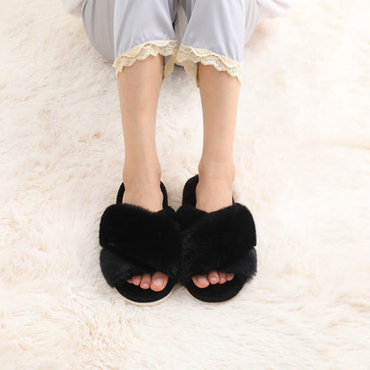 Evshine Women's Fuzzy Slippers Cross Band Memory Foam House Slippers Open Toe, Black, 36-37 (Size 5-6.5)