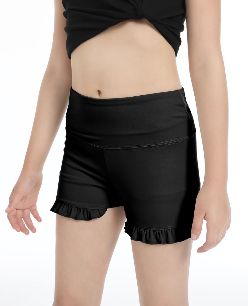 BAOPLAYKIDS Girls Athletic Ruffle Shorts High Waisted Yoga Dance Shorts Comfy Gymnastics Shorts Black 5-14Y