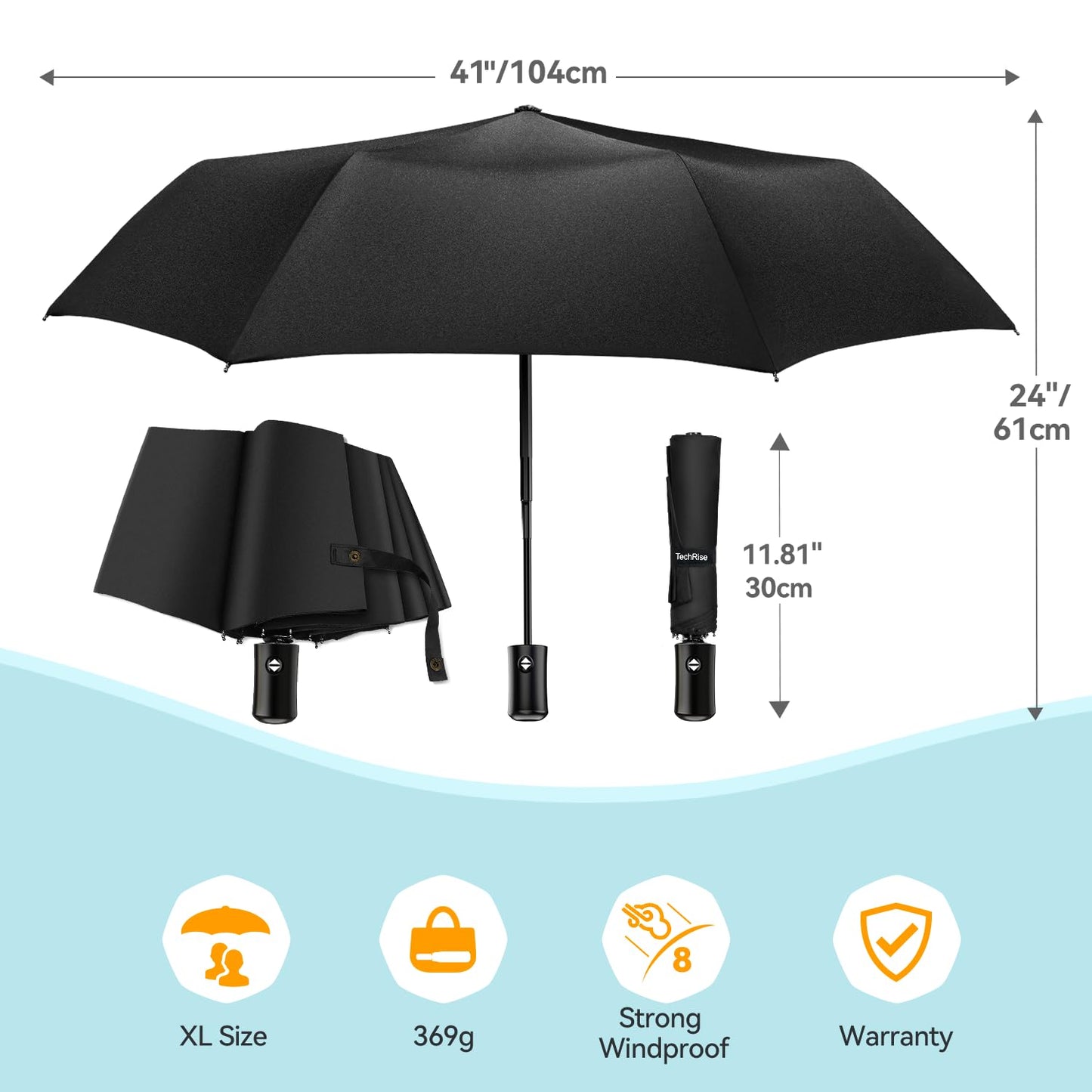 TechRise Umbrella, Compact Strong Windproof Automatic Umbrellas, Folding Lightweight, Portable Travel Golf Umbrella for Rain, One Button Auto Open and Close