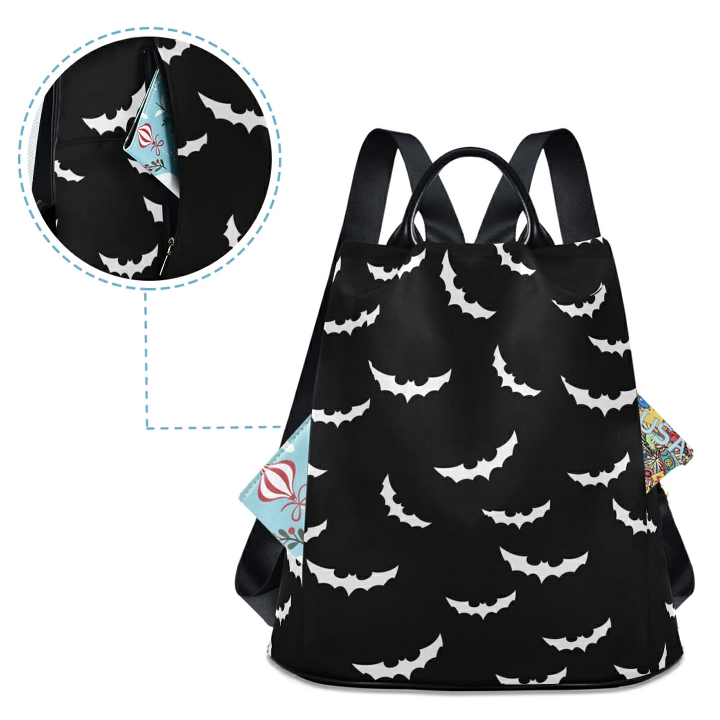 CBBYY Bats Halloween Backpack Purse for Women Nylon Anti-theft Travel Backpack Lightweight Shoulder Bag with Plush Ball Keychain