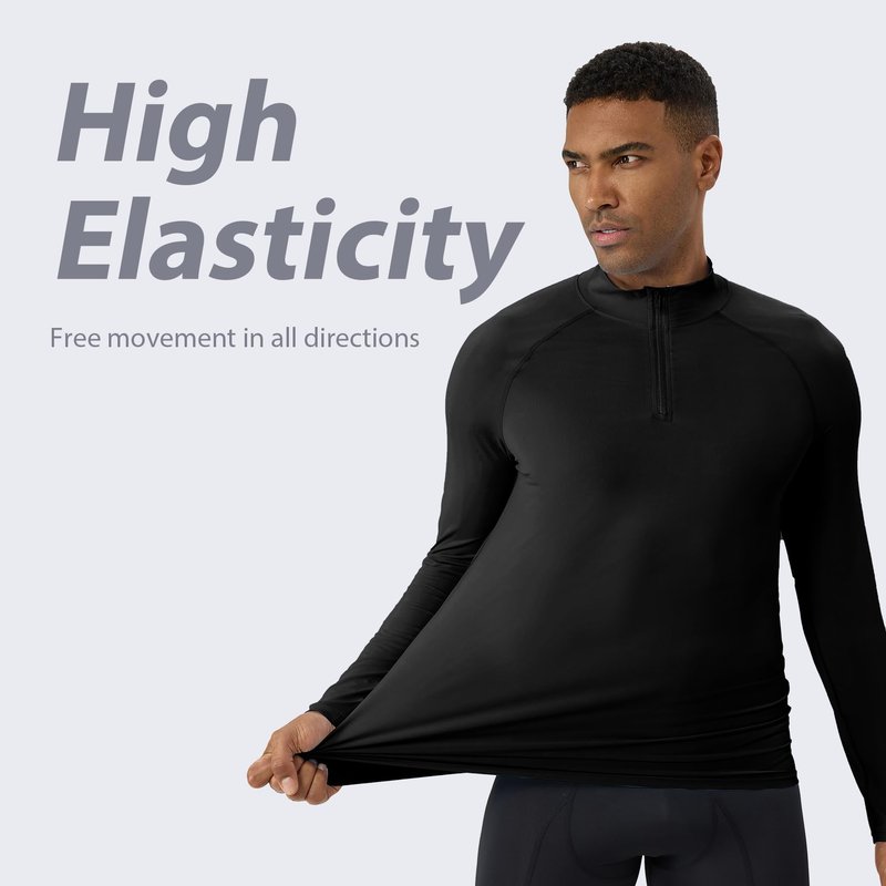 YEL Men's Long Sleeve Athletic Shirt 1/4 Pullover Zip Sun Protection Rash Guard UPF 50+ Golf Fishing Running T-Shirts Black